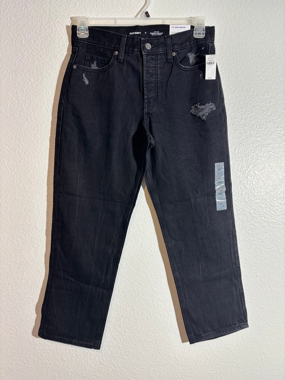 Old Navy NWT Women Size 4 High-Rise Slouchy Straight Black Distressed Crop Jeans